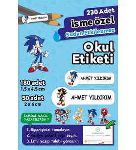 Sonic Temalı Kişiye Özel İsimli Defter Kalem Okul Etiketi, Yırtılmaz PVC Etiket, Sudan Etkilenmez (Beyaz)