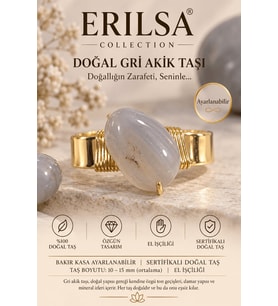 Sertifikalı Gri Akik Taşı Yüzük Gold Kaplama Bakır Kasa Ayarlanabilir El İşçiliği