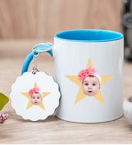 Kişiye Özel Pembe Yıldız Kafa Fotoğraflı Mavi Kupa Bardak ve Anahtarlık