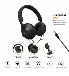 Hypergear V50 3.5mm Jack Girişli Mikrofonlu Kablolu Kulaküstü Kulaklık Siyah