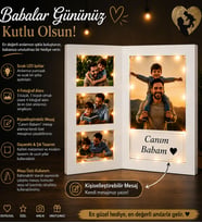 Babalar Günü Hediyesi Kişiye Özel Kolaj 4 Fotoğraflı ve Mesajlı Nostaljik LED Işıklı Anı Çerçevesi Babaya Hediye Beyaz
