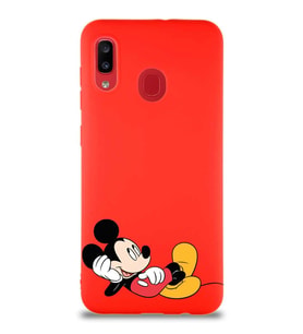 Samsung Galaxy A20 Soft Premier Kapak Mickey Mouse-F Tasarımlı Silikon Kılıf - Kırmızı (Şeffaf)