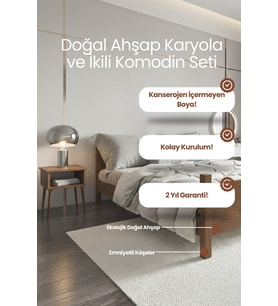 Melodi̇ Model Masif Ahşap Karyola ve 2 Adet Komodin Kolay Kurulum Fırınlanmış İthal Sibirya Çamı 140x190 Yatak Uyumlu 2 Adet Komodin