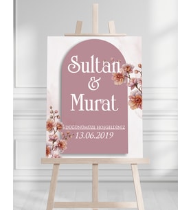Söz Nişan Düğün İçin 50x70 Karşılama Panosu - Pembe Çiçek Tasarımlı 01