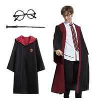 Harry Potter Gryffindor Kapişonlu Çocuk Kostüm + Asa + Gözlük Seti 7-8 Yaş (5047)