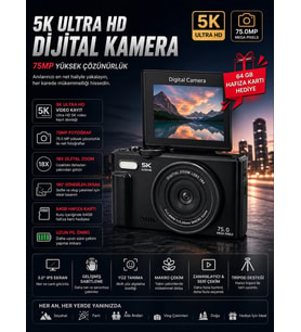 5K 75MP 18X Zoom Flaşlı 3” Flip Ekranlı Türkçe 64GB Kart Dijital Vlog Fotoğraf Makinesi