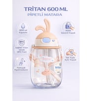Çocuklar İçin 600 ml Tritan Matara, Kulaklı Kapak, Pipetli ve Askılı