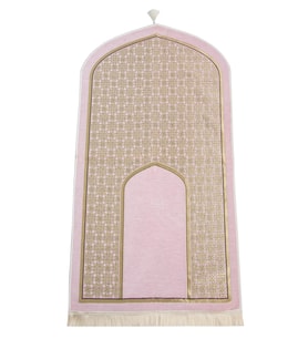Oval Mihrap Desenli Püsküllü Lüks Şönil Seccade Pembe