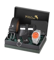 Polo Air Erkek Kemer Cüzdan Kartlık Çakmak Anahtarlık Kol Saati Hediyelik Kutusunda Set PL-0970E (Turuncu-Gri)