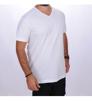 V Yaka Omuz Garnili Tişört Beyaz (Renksiz)