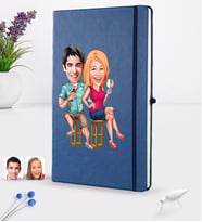 BK Gift Kişiye Özel Sevgililer Karikatürlü Karikatürlü Lacivert Termo Deri Defter 16x24cm Model 51
