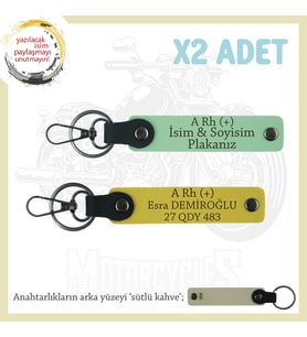 Motosiklet Severlere Özel, İsim Plaka ve A Rh (+) Kan Grubu Yazılı x2 Anahtarlıkları, Yeşil-Sarı-SK (Çok Renkli)