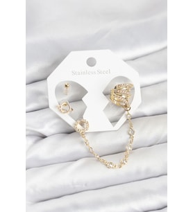 Uzay Model Pirinç Gold Renk Zincir Bağlantılı Ear Cuff Küpe Seti - TJ-BKP11546