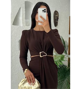 Neşeli butik kadın bel dekolteli toka detaylı uzun kollu elbise NBMY3655 (Kahverengi)