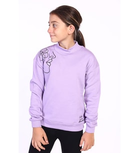 Toontoy Kız Çocuk Nakışlı Taş İşlemeli Balıkçı Yaka Sweatshirt (Lila)