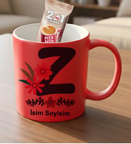 Kişiye Özel İsimli ve Baş Harfli Aşk Kırmızısı Kupa Bardak Tasarımlı Kupa Bardak Ve Hediye Nescaf