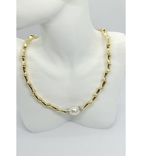 İnci Detaylı Gold Bamboo Zincir Kolye (40+5 cm)
