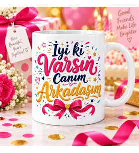 İyi Ki Varsın Canım Arkadaşım Renkli Baskılı Kupa – Doğum Günü ve Dostluk Hediyesi