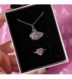 Swan çelik kuğu kolye kalp yüzük kombini (Pembe)