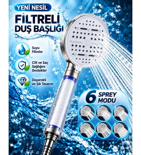 Modern Tasarımlı 6 Modlu Filtreli Duş Başlığı Büyük Panel Metalik Beyaz Duş Atı