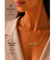 İpekish Honey Yazılı Gold Zincir Kolye Harf Detaylı, Unisex, Bijuteri