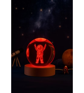 3D Astronot Küre Kristal Led Gece Lambası – USB'li Ahşap Standlı LED Masa - Gece Lambası RGB Led