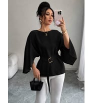 Kadın Uzun Kollu Yuvarlak Yakalı Yarasa Kollu Belden Kuşaklı Atlas Bluz