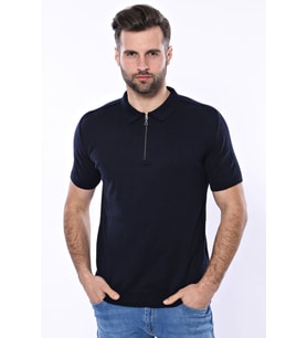 Polo Yaka Lacivert Düz Örme Erkek T-shirt - Wessi