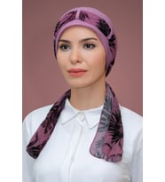 Gül Kurusu Pratik Hazır Geçmeli Tesettür Bone Sandy Kumaş Desenli Şifon Kemerli 1205D_18