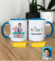 Kişiye Özel Karikatürlü Eczacı Hediye Kupa Bardak Erkek Ezacıya Tıp Bayramı Hediyesi (Mavi)