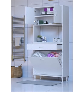Eliusta Seris Sepetli ve Çekmeceli Banyo Dolabı  G:85 cm Çok Amaçlı Beyaz Düzenleyici 85x173x32,5 cm Dolap