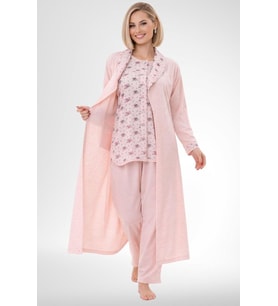 Mecit 6317 Pudra Kadın Büyük Beden Sabahlıklı Pijama Takımı