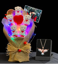 Premium Set - Kişiye Özel Fotoğraflı Led Işıklı Buket ve Renkli Zümrüdü Anka Kuşu Kolyesi (Model 2)