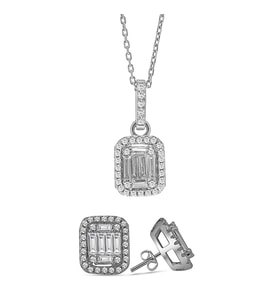 Monemel Swarovski Taşlı Gümüş Baget Kolye Ve Küpe Set (Altın Kaplama) Sevgililer Günü Hediyesi