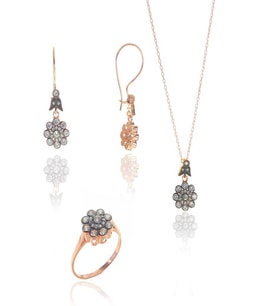 Söğütlü Silver Gümüş rose zirkon taşlı elmas montürlü çiçek modeli set