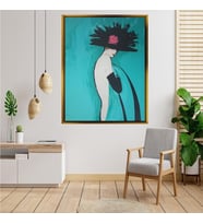 Tablore Turkuaz Şapkalı Şık Kadın Portresi Tablosu Çerçeveli Kanvas Tablo Modern Salon Dekoru