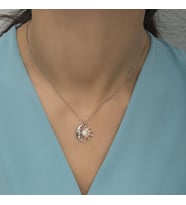 Opal Beyaz Taşlı Ay Güneş 925 Ayar Gümüş Kadın Kolye