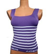 Mor Beyaz Çizgili Kare Yaka Atlet Triko Bluz Crop S / M / L Beden Uyumlu