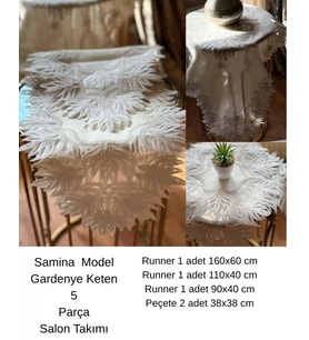 Salon Takımı 5 Parça Dantelli Keten Masa Örtüsü Runner Seti Samina Model No 8696355 Krem-Krem