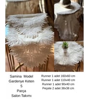 Salon Takımı 5 Parça Dantelli Keten Masa Örtüsü Runner Seti Samina Model No 8696355 Krem-Krem