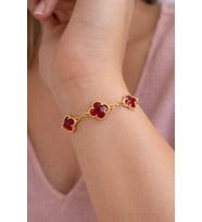 Gold Renk Zirkon Taşlı Yonca Model Çelik Bileklik (Kırmızı)
