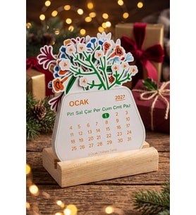 Ahşap Standlı Özel Kesim Botanik Çiçek Tasarımlı 2027 Masaüstü Takvimi (8,5x11 cm) - Estetik Yeni Yıl Hediyesi