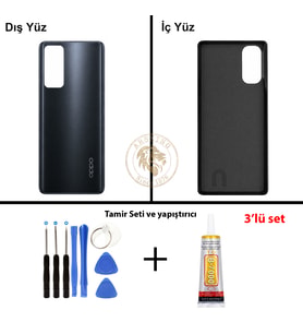 Oppo KAPAK Vida Seti + Yapıştırıcı Reno 4 Siyah Yapıştırıcı B-7000 Yapıştırıcı Vida Seti Arka Kapak Arka Cam Batarya Kapağı Lazer Kesim Kapak Pil Kapağı Back Cover