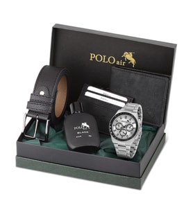 Polo Air Erkek Kol Saati Cüzdan Kemer Kartlık Parfüm Kombin Set Gümüş Renk PL-0990E5 (Gümüş-Beyaz)