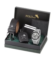 Polo Air Erkek Kol Saati Cüzdan Kemer Kartlık Parfüm Kombin Set Gümüş Renk PL-0990E5 (Gümüş-Beyaz)