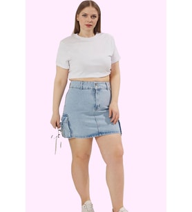 Kadın Pamuklu Denim Etek; Yüksek Bel Düz Desen Mini Boy Rahat Günlük Stil Kaliteli Malzeme (Açık Mavi)