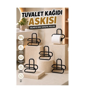 Siyah Metal Yapışkanlı Tuvalet Kağıdı Askısı – Delmeden Montaj 5’li Set