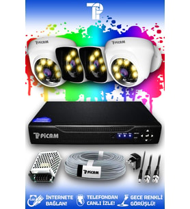 PICAM 4 Kameralı Kare 2 İç Kamera Set HDD'siz Full HD Renkli Gece Görüşlü Güvenlik Kamerası Sistemi