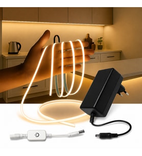 COB LED Şerit 5 Metre 12V 4000K Doğal Beyaz 320LED/m 8mm IP20 Adaptör ve Dokunmatik Anahtar Dahil Yapışkanlı LED Aydınlatma Seti