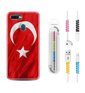 Oppo A5S A15 A16 A54 A55 A73 A74 Kılıf Kablo Koruma Spiral Silikon Şanlı Türk Bayrağı 4 1401